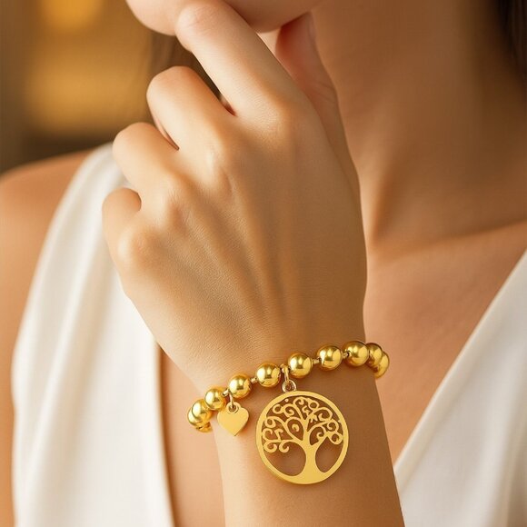 🆕️24K Gold Plated Chunky Beaded Bracelet | Tree of Life & Heart Charm 💛🌳✨ - Picture 1 of 12